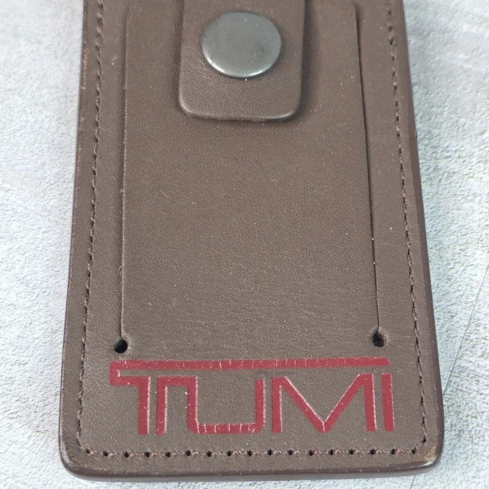 TUMI Leather Alpha 3 Large Luggage Tag Dark Brown Logo Travel ID Holder Strap